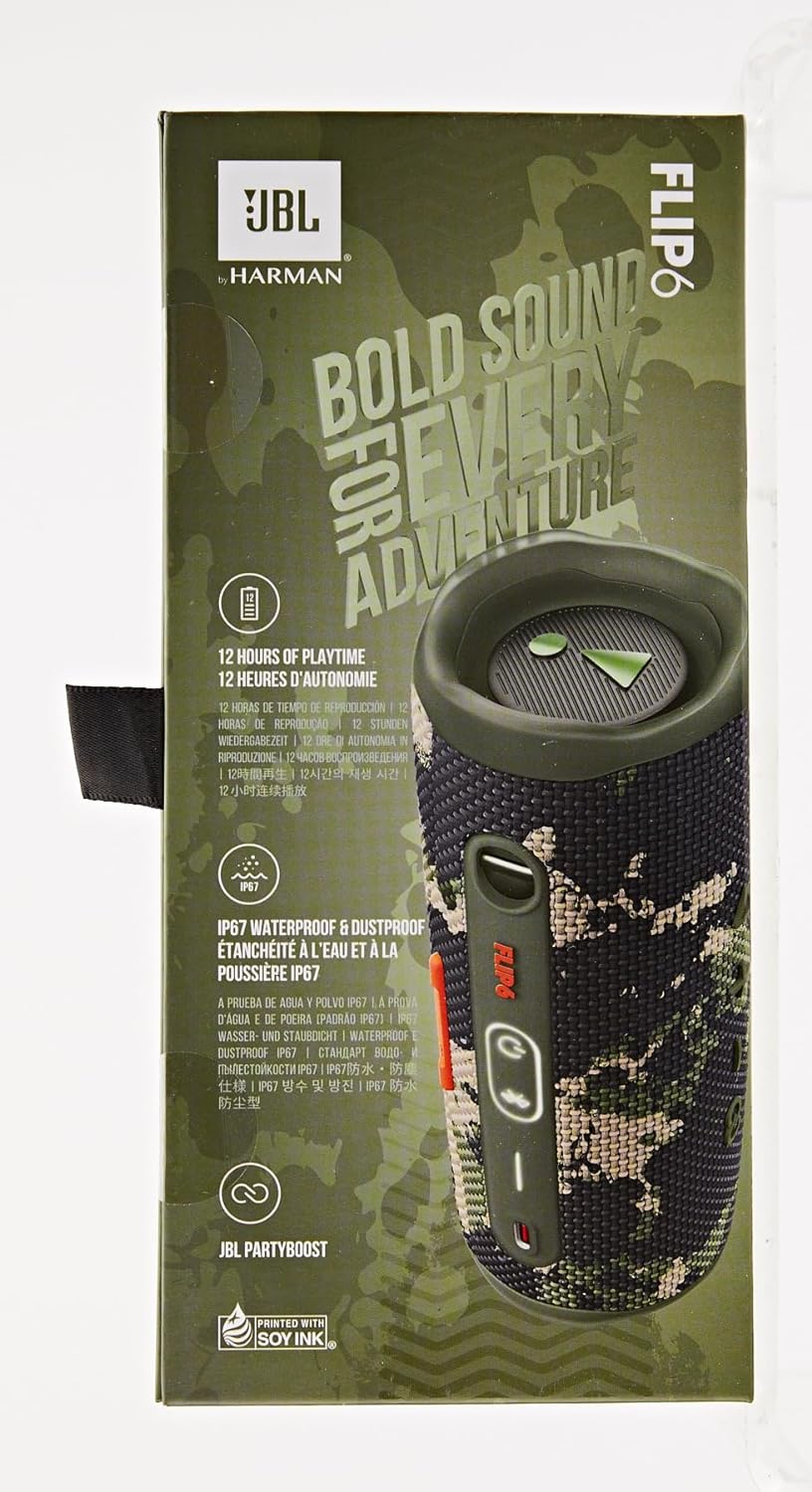 JBL Flip 6 Portable IP67 Waterproof Speaker with Bold Original Pro Sound, 2-Way Speaker, Powerful Sound and Deep Bass, 12 Hours Battery, Safe USB-C Charging Protection - Squad, JBLFLIP6SQUAD - T