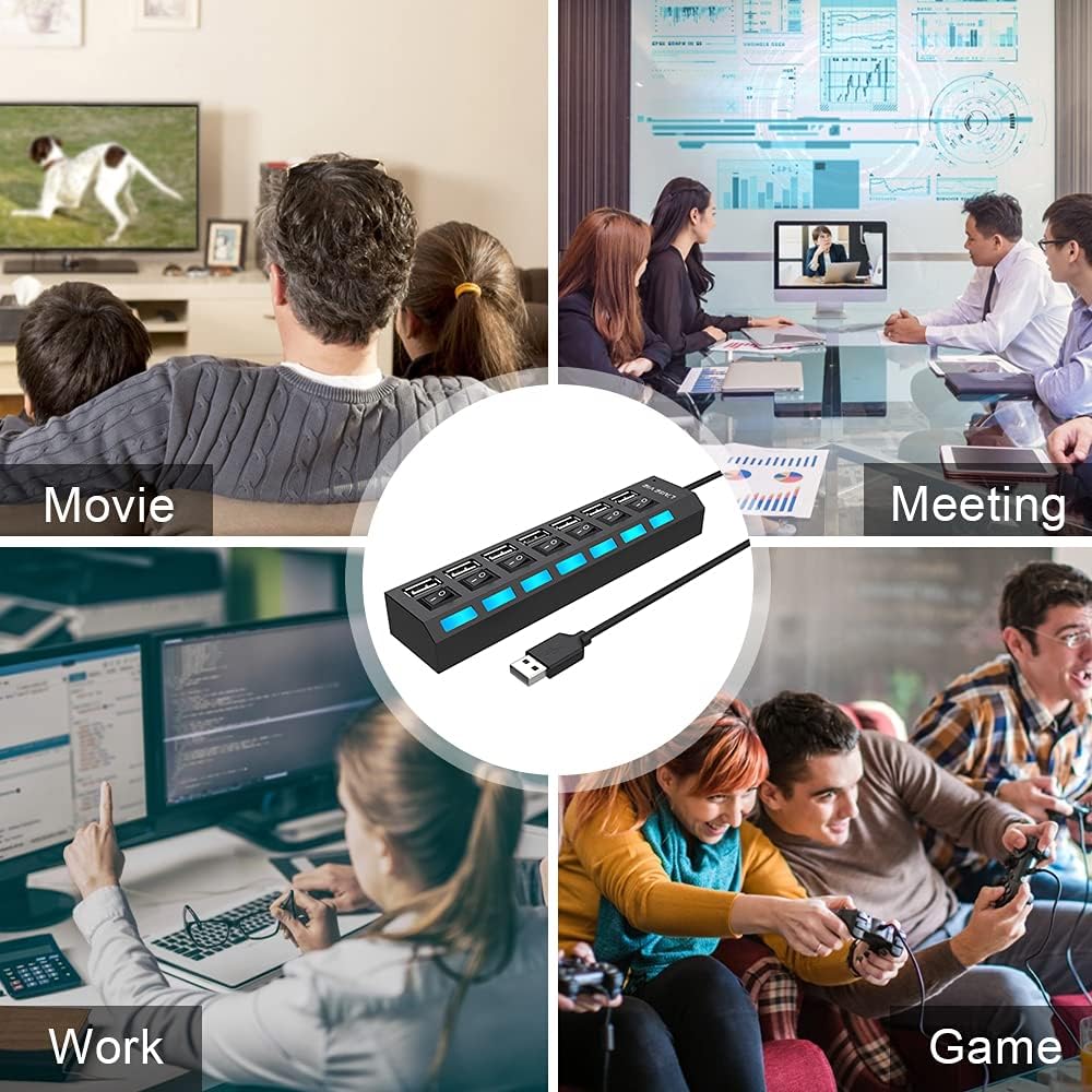 Multi Port USB Splitter, 7 Port USB 2.0 Hub, USB A Port Data Hub with Independent On/Off Switch and LED Indicators, Lights for Laptop, PC, Computer, Mobile HDD, Flash Drive and More (Black 2.0) - T