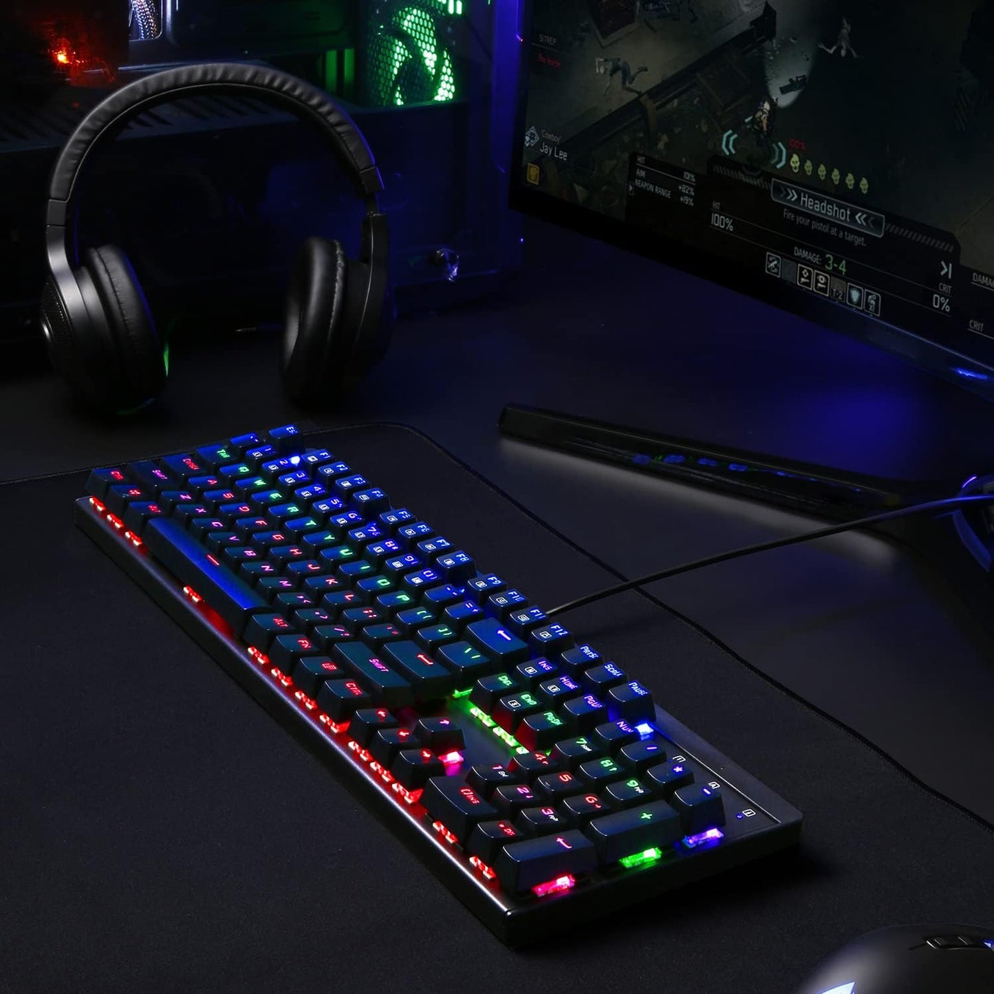 anyotherway Mechanical Gaming Keyboard LED Backlit 104 Keys, Blue Switches Keys with 6 LED Color Modes, 8 Preset Lighting Effects, USB Wired for PC Gamers - T