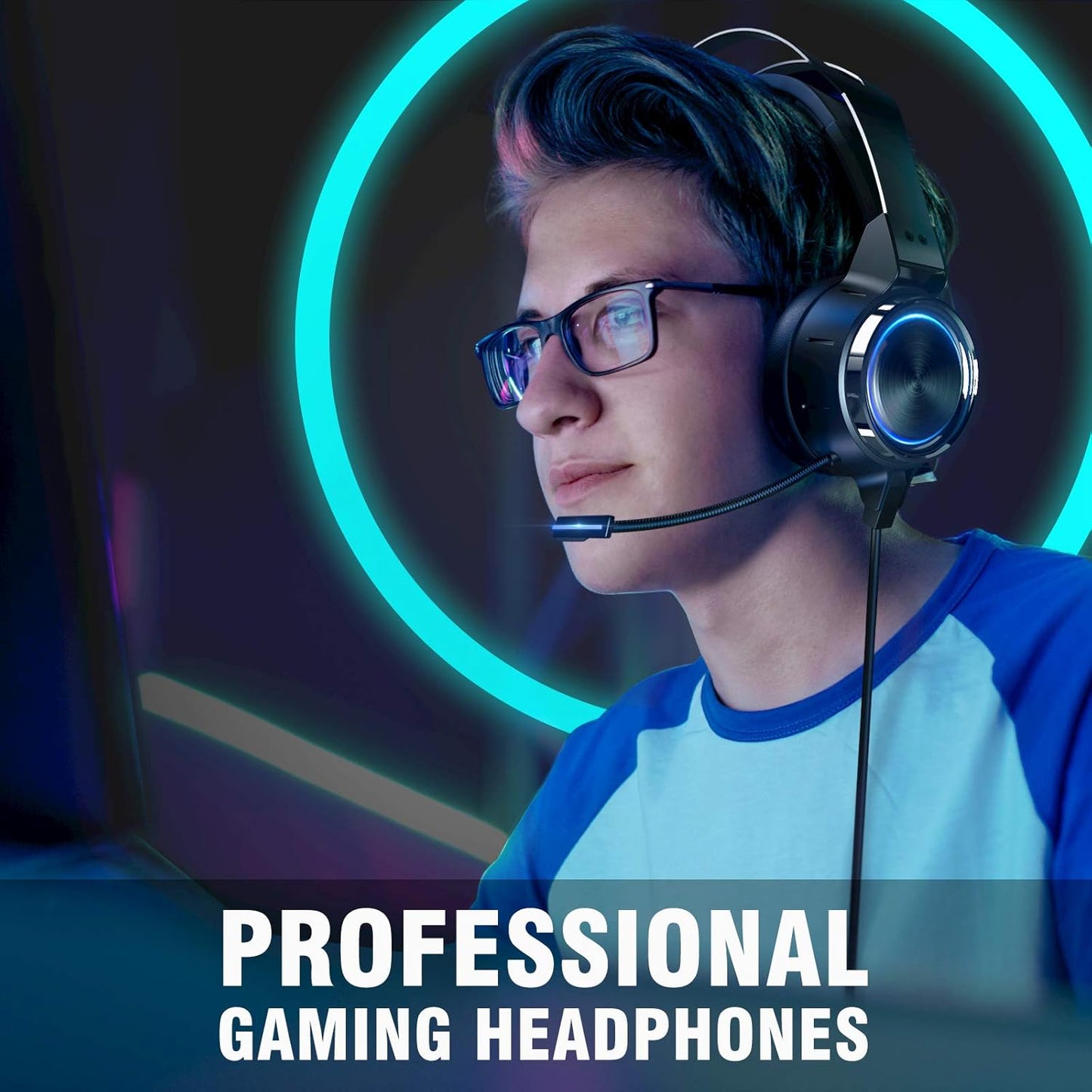 VOKYO Ultralight Gaming Headset PS4 Headset with 7.1 Surround Sound, Noise Cancelling Mic Flowing Gaming Headphone with LED Soft Memory Earmuffs-Works for Xbox One PS5 PS4 Controller PC Laptop - T