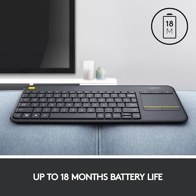 Logitech K400 Plus Wireless (English & Arabic) Touch TV Keyboard With Easy Media Control and Built-in Touchpad, HTPC Keyboard for PC-connected TV, Windows, Android, Chrome OS, Laptop, Tablet - Black - T