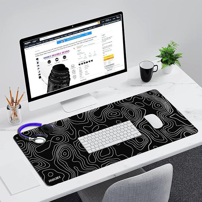 Topographic Contour 800X300 Large Gaming Mouse Pad, Stitched Edges, Extended Mousepad, Smooth Cloth Surface, Non-Slip Rubber Base, Water Resist Pad - T