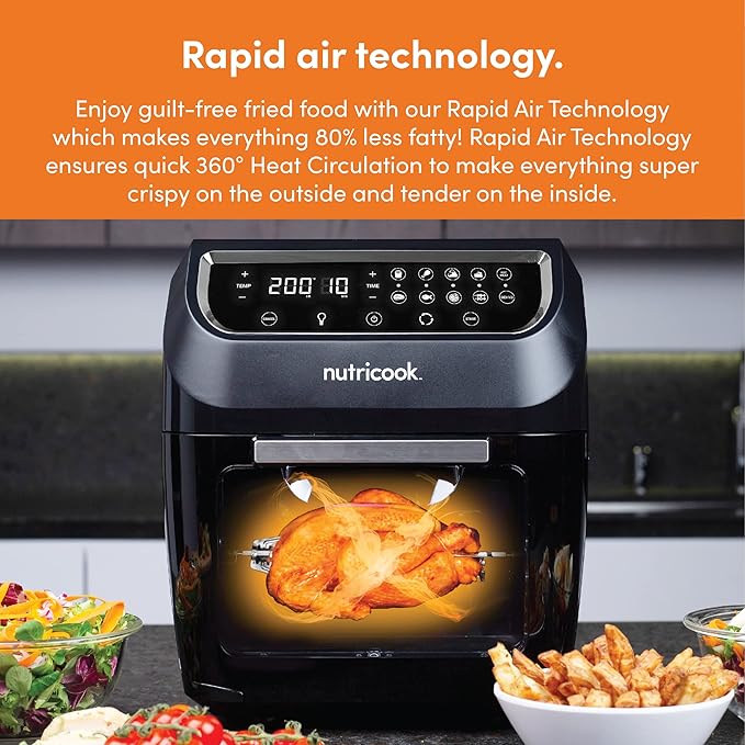 Nutricook Air Fryer Oven, 1800 Watts, Digital/One Touch Control Panel Display, 8 Preset Programs, 12 Liters, Black - T