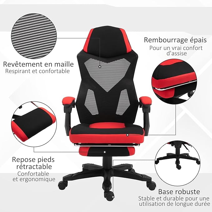 Vinsetto Gaming Chair with Adjustable Backrest and Height Adjustable Swivel Castors Footrest Fabric 58 L x 63 W x 112-122 H cm Red Black - T