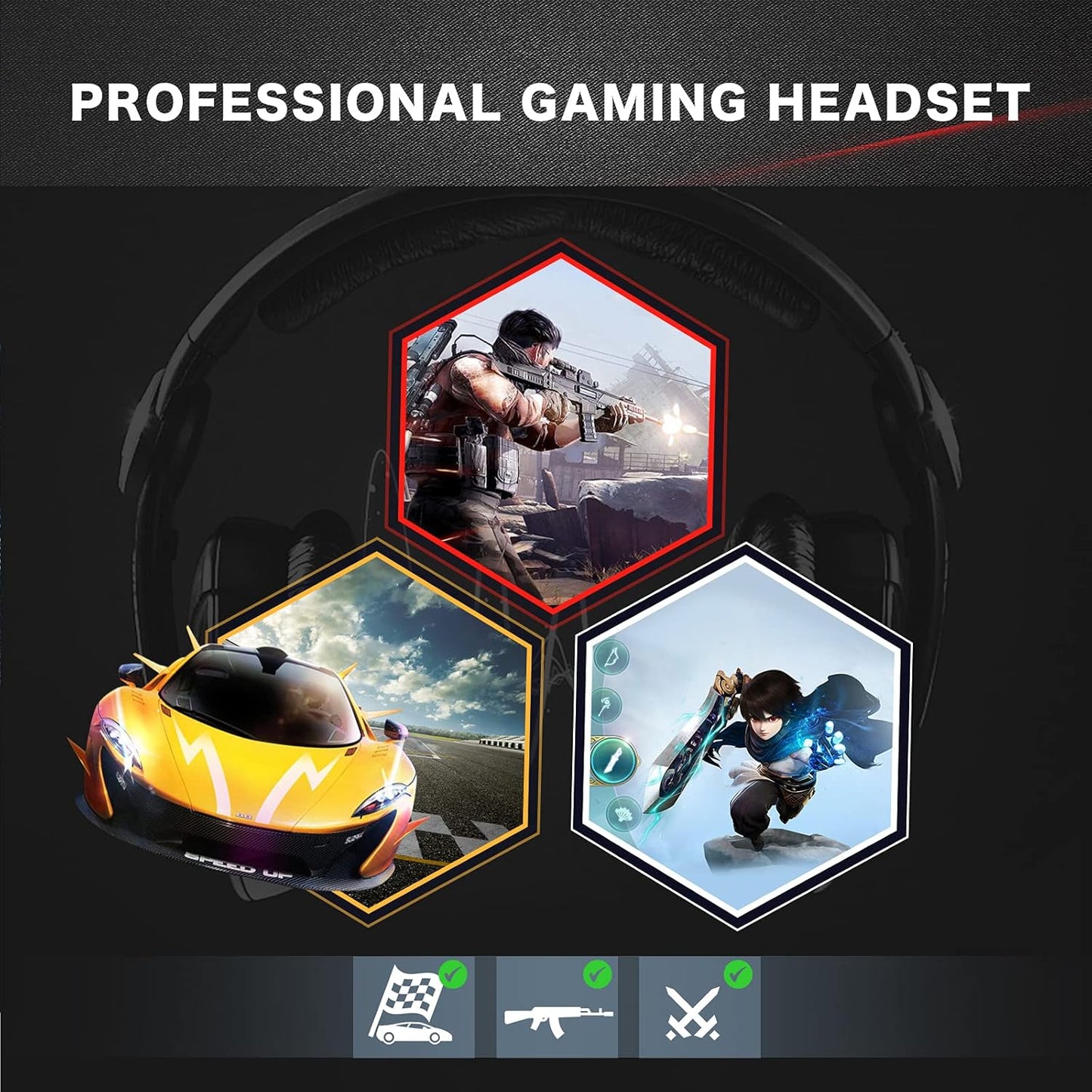 GoldenPlayer Gaming Headset with Microphone for PS5, PS4 Headset with Mic, Xbox One Headset, Gaming Headphones with mic, Wired Headsets for PC Laptop with Stereo Surround Sound & LED Light - T