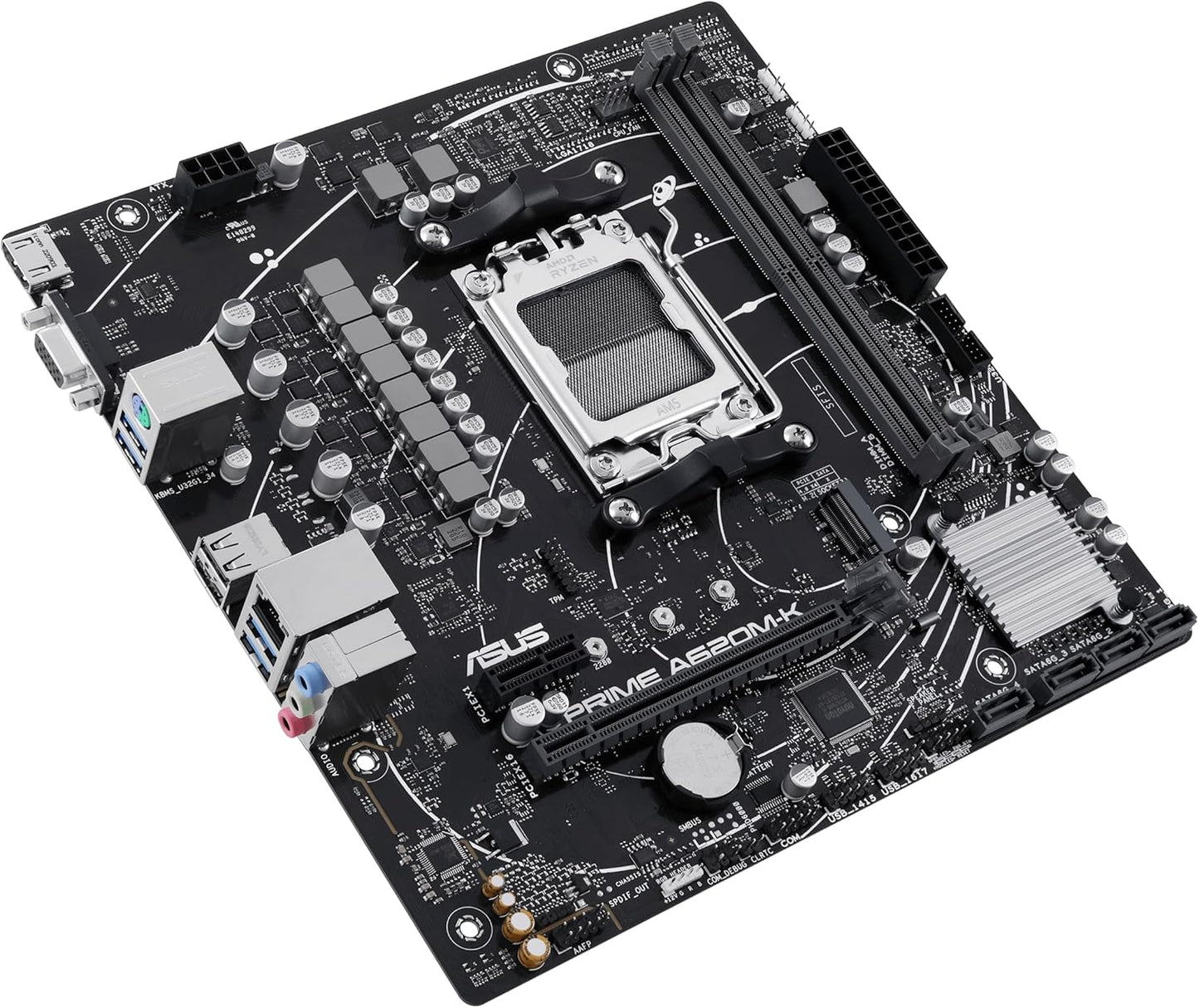 ASUS PRIME A620M-K AMD mATX Motherboard, DDR5, PCIe 4.0 M.2, HDMI, VGA, SATA 6Gbps, Two-Way AI Noise Cancellation, Aura Sync - T