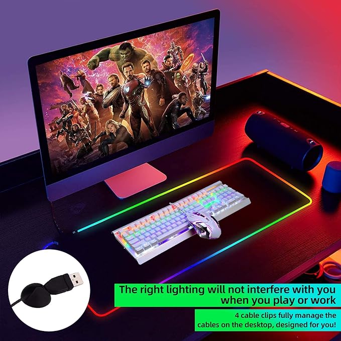 Rgb Gaming Mouse Pad Extended, Zamia Glorious Gaming Mousepad Led With 4 Cable Clips,14 Lighting Modes Computer Keyboard Mousepads, Usb Mouse Mat For Keyboard Mouse,31.5X12In,Black - T