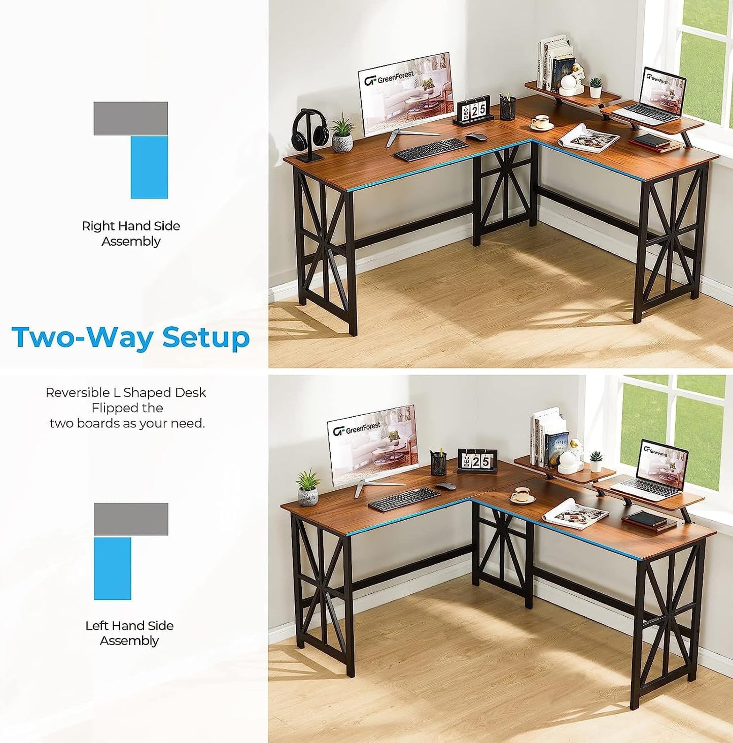 GreenForest L Shaped Desk with 2 Monitor Stand, 63.8 inch Reversible Corner Computer Desk for Home Office Study Gaming Workstation Crafting Table Spaces Saving, Easy Assembly, Walnut - T