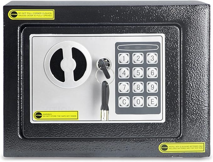 VITION Mini Safe Box, Digital Security Locker with Key for Passports Cash Money Jewelry Watches Suitable for Home Office Travel (Black) - T