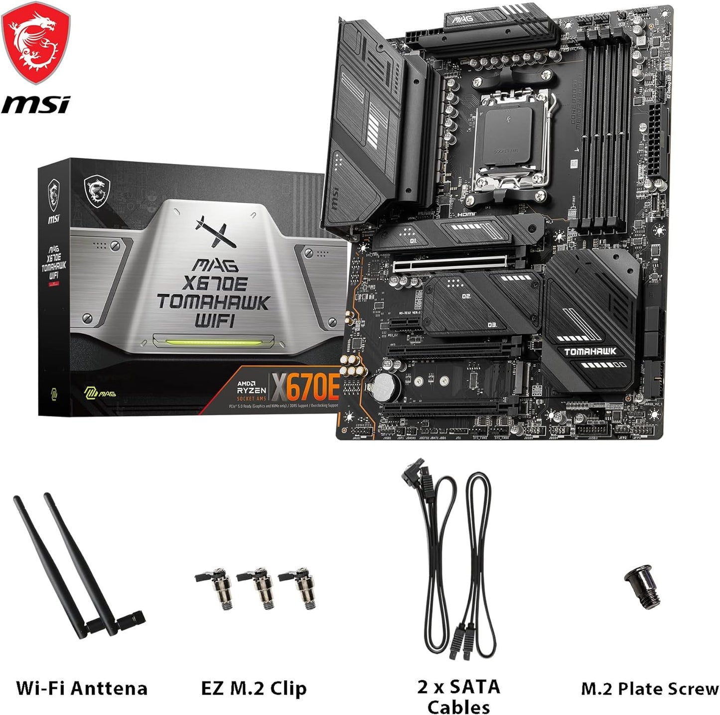 MSI MAG X670E TOMAHAWK WIFI Motherboard, ATX - Supports AMD Ryzen 7000 Series Processors, AM5-80A SPS VRM, DDR5 Memory Boost 6600+MHz/OC, PCIe 5.0 x16, M.2 Gen5, Wi-Fi 6E - T