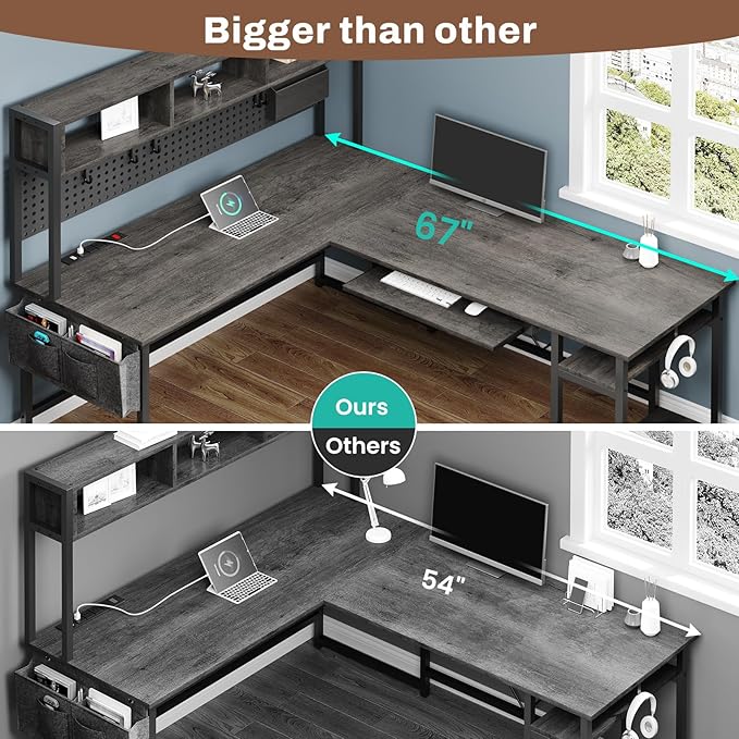 SEDETA L Shaped Desk, 94.5 Inch Home Office Desk with Power Outlet & Pegboard, L Shaped Gaming Desk with Led Light, Keyboard Tray, Storage Shelves and Headphone Hook for Home Office, Grey - T