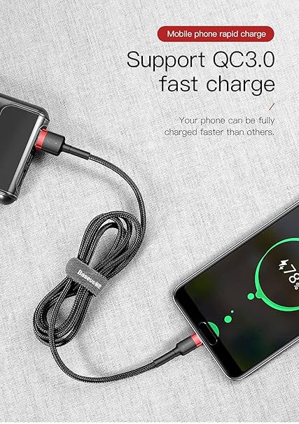 Baseus 3A Type-C Super Fast Q.C3 Charging and Data Cable Braided Wire USB/USB-C for Samsung/Huawei/Xiaomi/Oppo and All Mobile Devices (1 Meter) - T