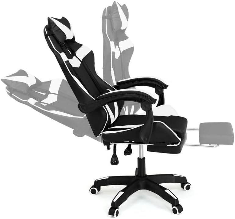 IDMarket - Alex Adjustable Gaming Chair with Footrest, Head Cushion and Lumbar Cushion Black and White