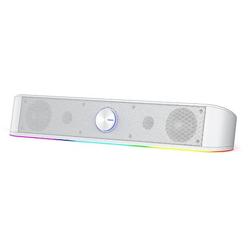 Redragon GS560 RGB Desktop Soundbar, 2.0 Channel Computer Speaker with Dynamic Lighting Bar Audio-Light Sync/Display, Touch-Control Backlit with Volume Knob, USB Powered w/ 3.5mm Cable, White - T