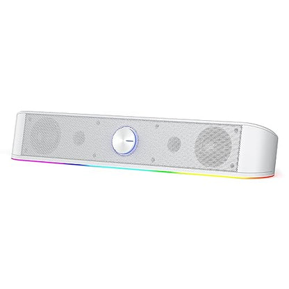 Redragon GS560 RGB Desktop Soundbar, 2.0 Channel Computer Speaker with Dynamic Lighting Bar Audio-Light Sync/Display, Touch-Control Backlit with Volume Knob, USB Powered w/ 3.5mm Cable, White - T