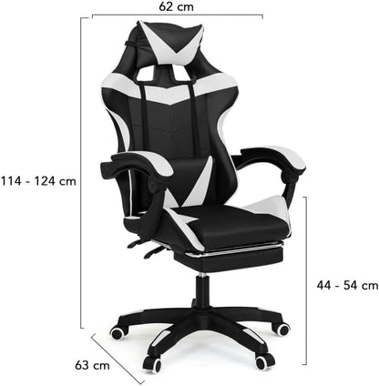 IDMarket - Alex Adjustable Gaming Chair with Footrest, Head Cushion and Lumbar Cushion Black and White