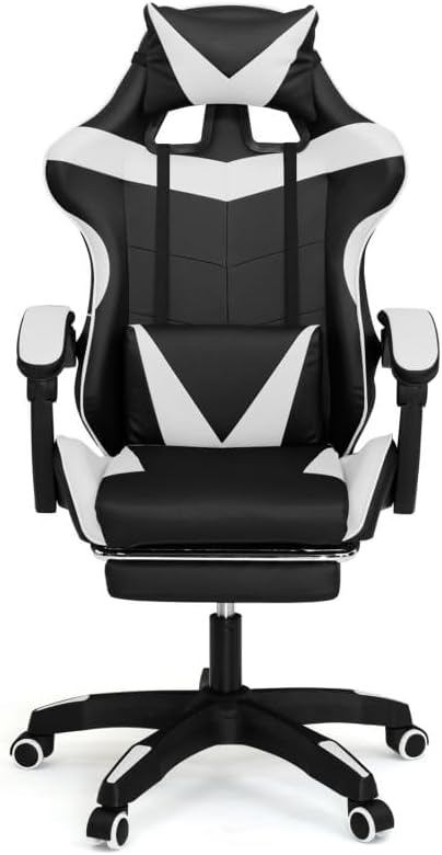 IDMarket - Alex Adjustable Gaming Chair with Footrest, Head Cushion and Lumbar Cushion Black and White