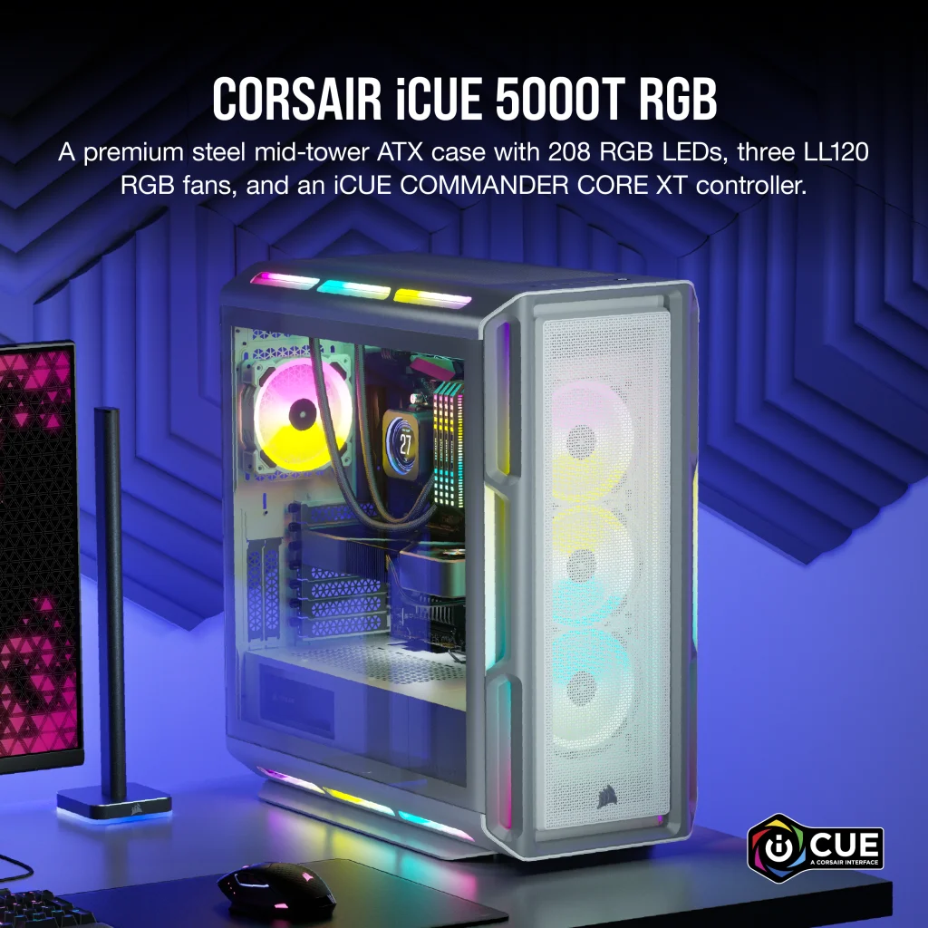 iCUE 5000T RGB Tempered Glass Mid-Tower ATX PC Case — White - CC-9011231-WW