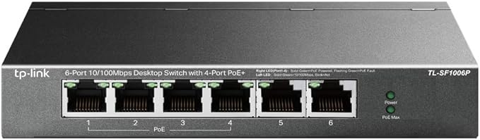 TP-Link 6 Port Fast Ethernet 10/100Mbps PoE Switch | 4 PoE+ Ports @67W | Plug & Play | Sturdy Metal w/Shielded Ports | Extend Mode | Priority Mode (TL-SF1006P)