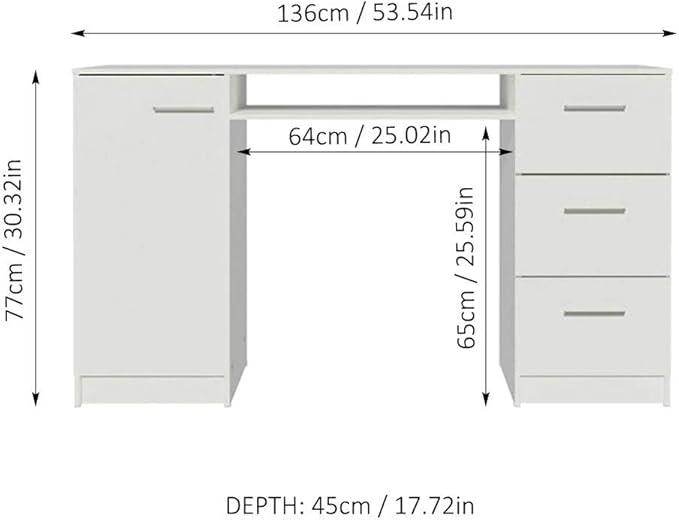 Madesa Home Office Computer Writing Desk with 3 Drawers, 1 Door and 1 Storage Shelf, Plenty of Space, Wood, 45 D x 136 W x 77 H cm - White