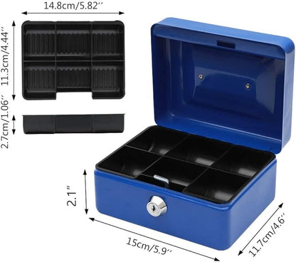 KYODOLED Cash Box with Money Tray,Small Safe Lock Box with Key,Mini Safe Box,5.91"x 4.72"x 3.15" Blue Small