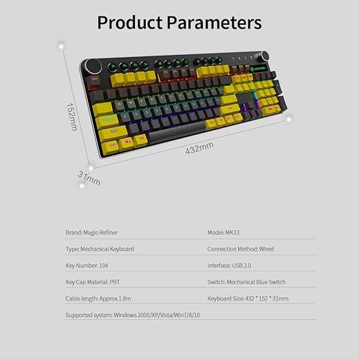 MAGIC REFINER MK-13 Gaming Mechanical Keyboard - Red Switch - Multimadia keys - Volume Wheel - Aluminium alloy panel