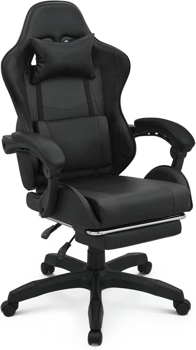 MoNiBloom Gaming Chair with Footrest High Back Video Game Chair with Headrest & Lumbar Support Height Adjustable Leather Swivel Computer Chair for Adult Teen Office or Gaming, Black