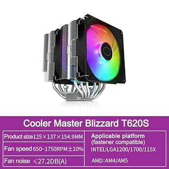 CoolerMaster T620S ARGB CPU Cooler Double Tower 6 Heat Pipe – AMD Ryzen AMD5 / AM4 / AM3+, Intel LGA 1700/1200 / 1151