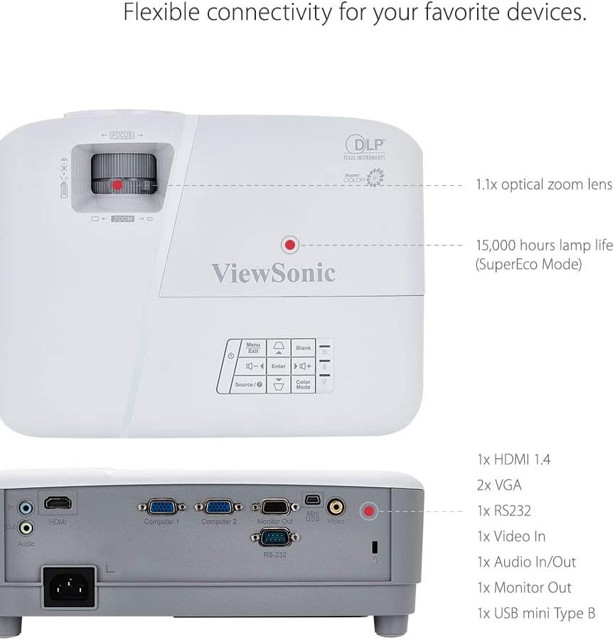 ViewSonic PA503X (1024x768) Resolution,XGA Projector, 3800 Lumens, Image Correction+Vertical Keystone, HDMI, Dual VGA