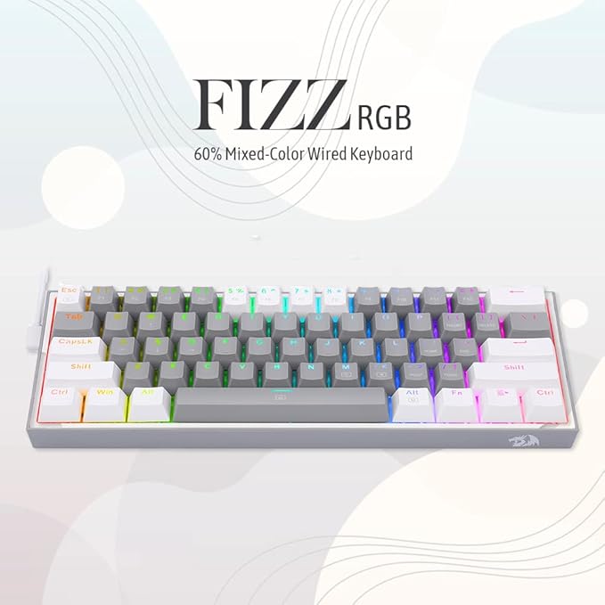 Redragon K617 Fizz 60% Wired RGB Gaming Keyboard - Red Switches - English & Arabic Keys - Grey White