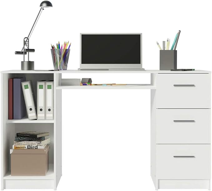 Madesa Home Office Computer Writing Desk with 3 Drawers, 1 Door and 1 Storage Shelf, Plenty of Space, Wood, 45 D x 136 W x 77 H cm - White