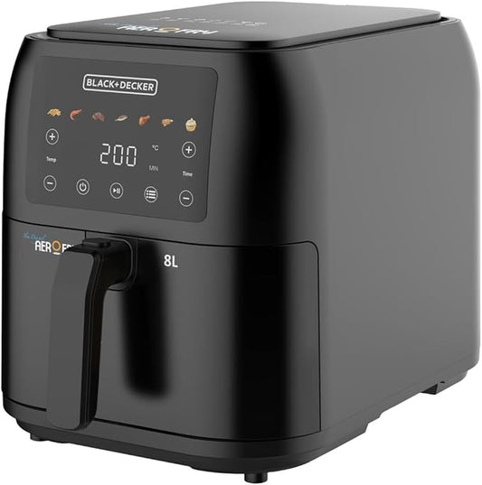 Black & Decker 1700W Air Fryer - 8L Capacity, Digital Touch Control, 7 Preset Functions, Adjustable Temp Timer, Rapid Air Convection, Shake Alert, Removable Crisper Plate - SAF80-B5. - T