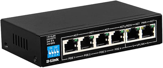 D-Link DES-F1006P-E Unmanaged 6-Port PoE Switch with 4 Long Reach 250m PoE+ Ports, 2 Gigabit Ethernet Uplink Ports w/ 60W PoE Budget, Plug & Play, Lightning Protection with VLAN, QoS, PoE Hub