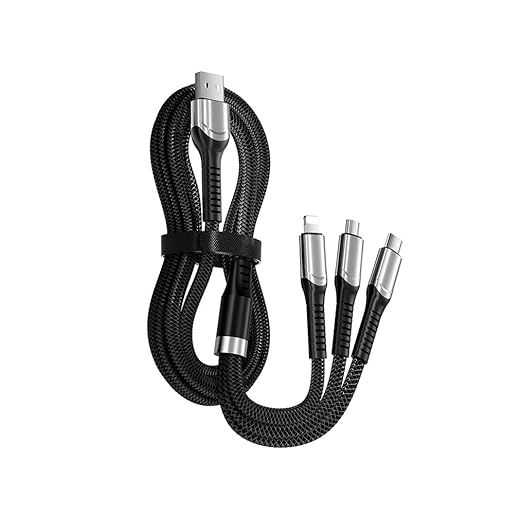 fashion mania 3 in 1 200W USB Charger Cables Ultra-Fast Braided Nylon Charging Cable, Universal Multiple Ports Charging Cord with Type-C, Micro USB and IP Port for Cell Phones and More-1.3 M