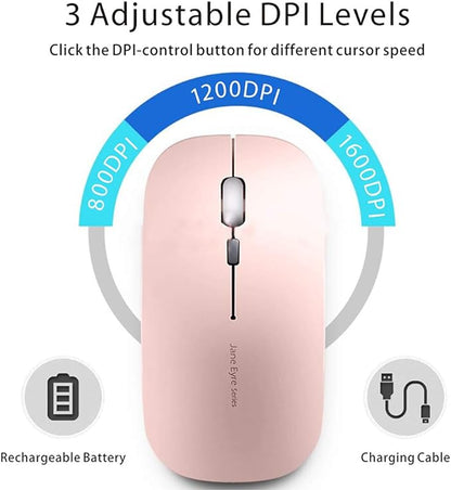 Uciefy Q5 Slim Rechargeable Wireless Mouse, 2.4G Portable Optical Silent Ultra Thin Wireless Computer Mouse with USB Receiver and Type C Adapter, Compatible with PC, Laptop, Desktop (Rose Gold)