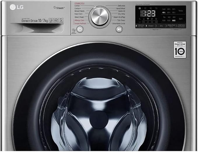 LG 10 Kg Washer & 7 Kg Dryer Front Load AI DD Steam+ Bigger 1400 RPM Color Silver Model - F4V5RGP2T (International Version).