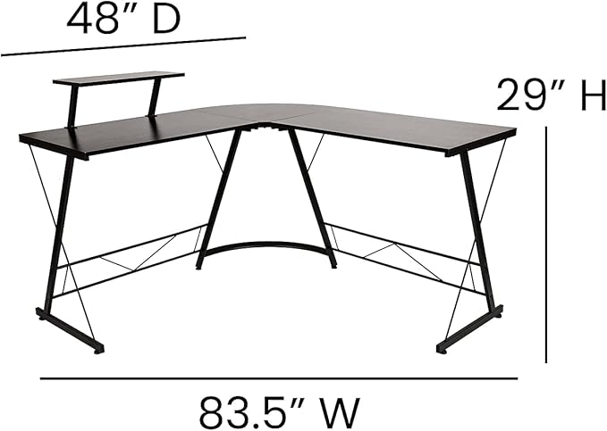 Flash Furniture Ginny Corner Desk - Black/Black Space Saving L-Shaped Gaming Desk with Monitor Shelf - 71.5" 2-Tier Computer Desk, Home Office Desk, Easy Assembly