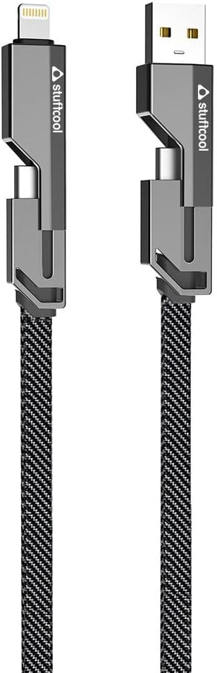 Stuffcool Quad Pro 4 in 1 Metal Flat Braided Indestructible Cable 1.5m 60W with lightning to type C, type C to C, Lighting to type A compatible for iPhones, iPads, Macbooks, Type C Laptops (Grey)