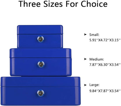 KYODOLED Cash Box with Money Tray,Small Safe Lock Box with Key,Mini Safe Box,5.91"x 4.72"x 3.15" Blue Small