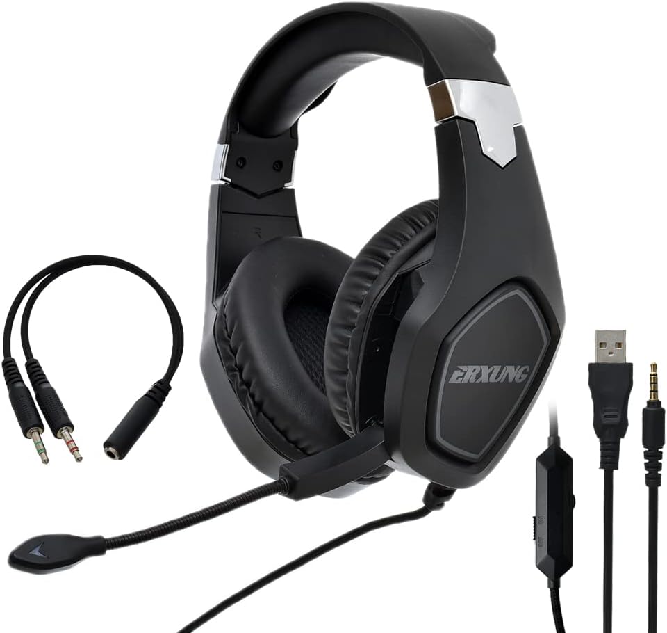 Erxung j20 high quality rgb gaming surrounding headset with noise cancelation microphone usb+3.55mm jack for pc & playstation - black, Wired Headphones Headset