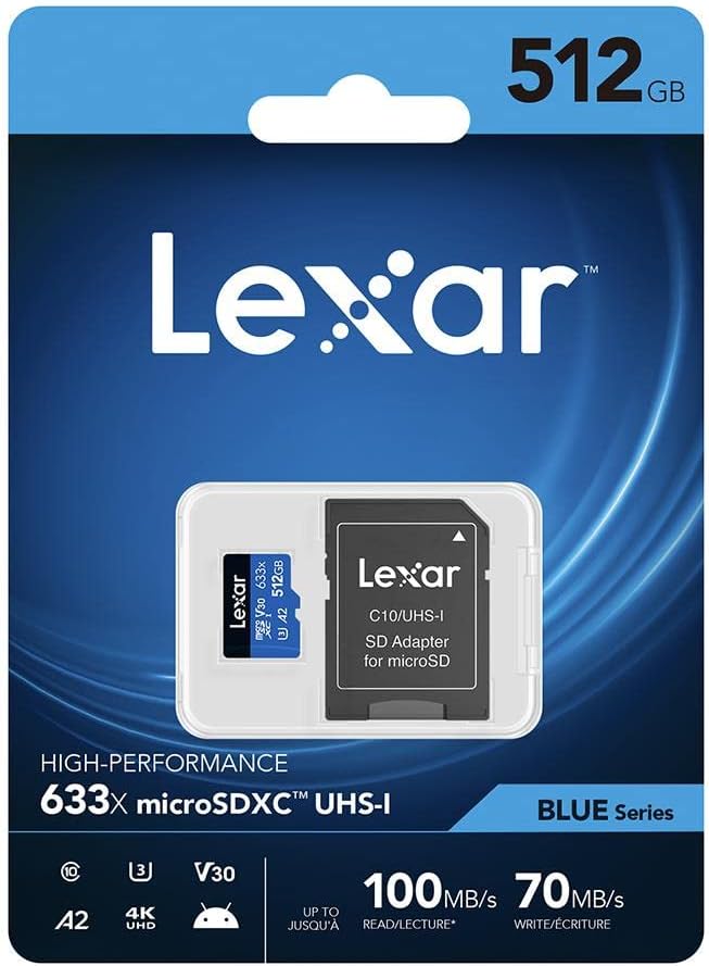 Lexar 633x microSDHC/microSDXC UHS-I Flash Memory 512 GB Class 10 – Flash Memory (512 GB, MicroSDXC, Class 10, UHS-I, 100 MB/s, Black, Blue)