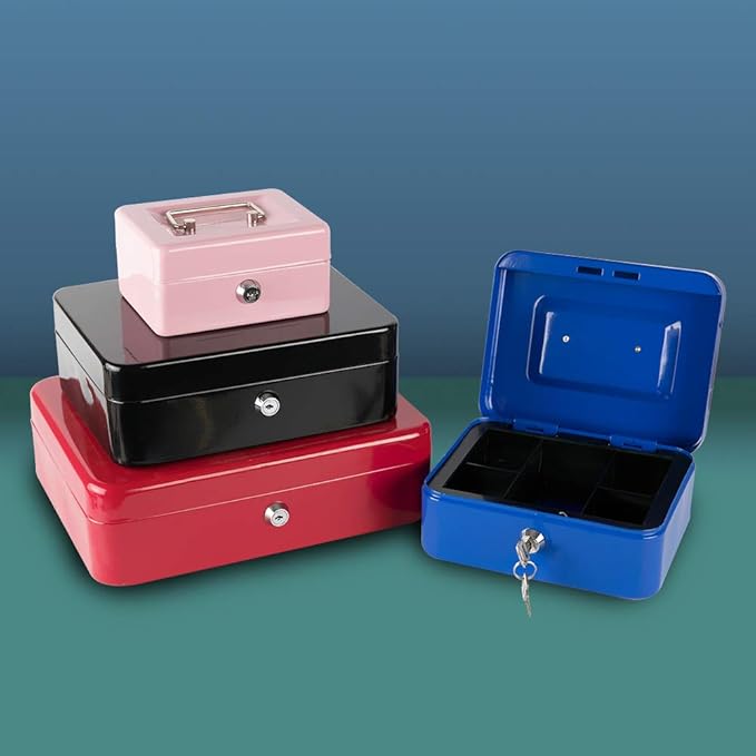 KYODOLED Cash Box with Money Tray,Small Safe Lock Box with Key,Mini Safe Box,5.91"x 4.72"x 3.15" Blue Small