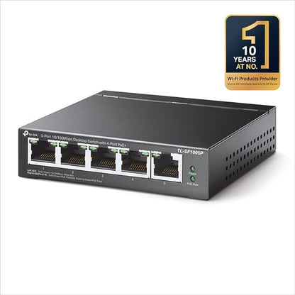 TP-Link PoE Switch 5-Port 100 Mbps, 4 PoE+ ports up to 30 W for each PoE port and 67 W for all PoE ports, Metal Casing, Plug and Play, Ideal for IP Surveillance and Access Point (TL-SF1005P)