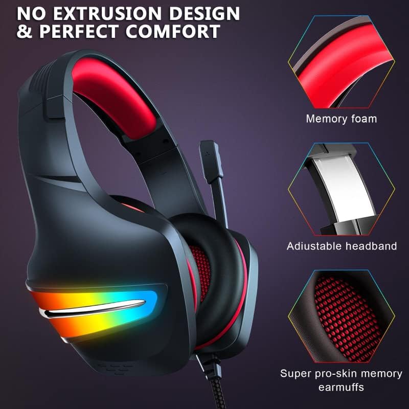 Erxung J6 Led Light Gaming Surrounding Headset With Noise Cancelation Microphone Usb With 3.55Mm Jack For Pc & Playstation - Black/Red, Wired Headphones Headset