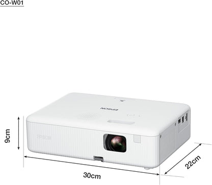 Epson CO-W01 WXGA Projector, 3LCD technology, 3,000 lumen brightness, 378inches screen size, White, Compact