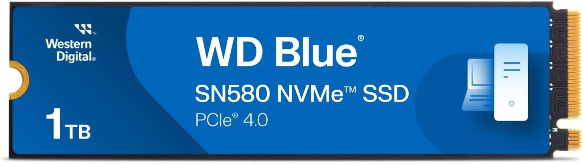 Western Digital 1TB WD Blue SN580 SSD PCIe Gen4 x4, NVMe v1.4b M.2 2280, Read speed up to 4,150 MB/s, Write speed up to 4,150MB/s - 5-Year Limited Warranty -WDS100T3B0E