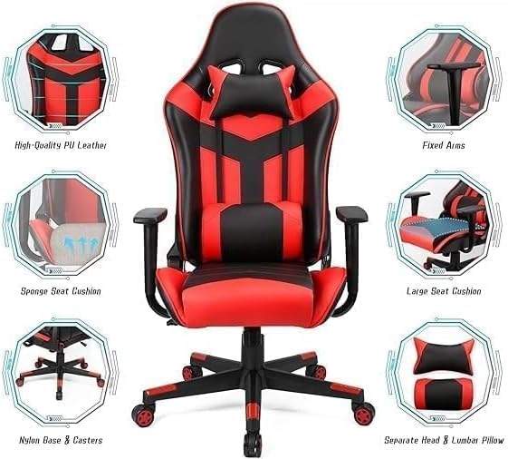 Alamal Leather Gaming Chair High Back Tilting Adjustable Arms and Back Support, Red