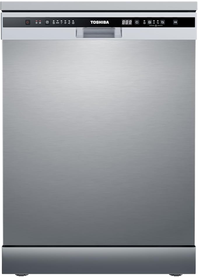 TOSHIBA Dishwasher - Dw-13F8Af(Ss)-Eg -Silver/Sts Door - 6 Programs - Free Standing, Auto-Open Dry, Noise Level 47 Db(A), Half Load, Led Interior Light Silver 13Place Set