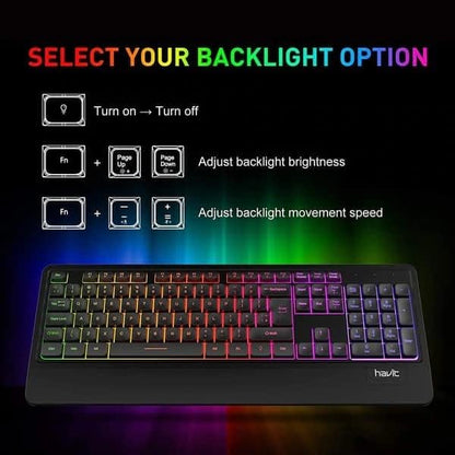 Havit KB488L Rainbow Full Membrane Gaming Office Keyboard Ergonomic Design with Wrist Rest for PC Desktop, 105 Keys - AR/ENG Layout