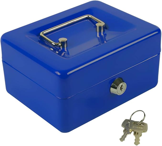 KYODOLED Cash Box with Money Tray,Small Safe Lock Box with Key,Mini Safe Box,5.91"x 4.72"x 3.15" Blue Small